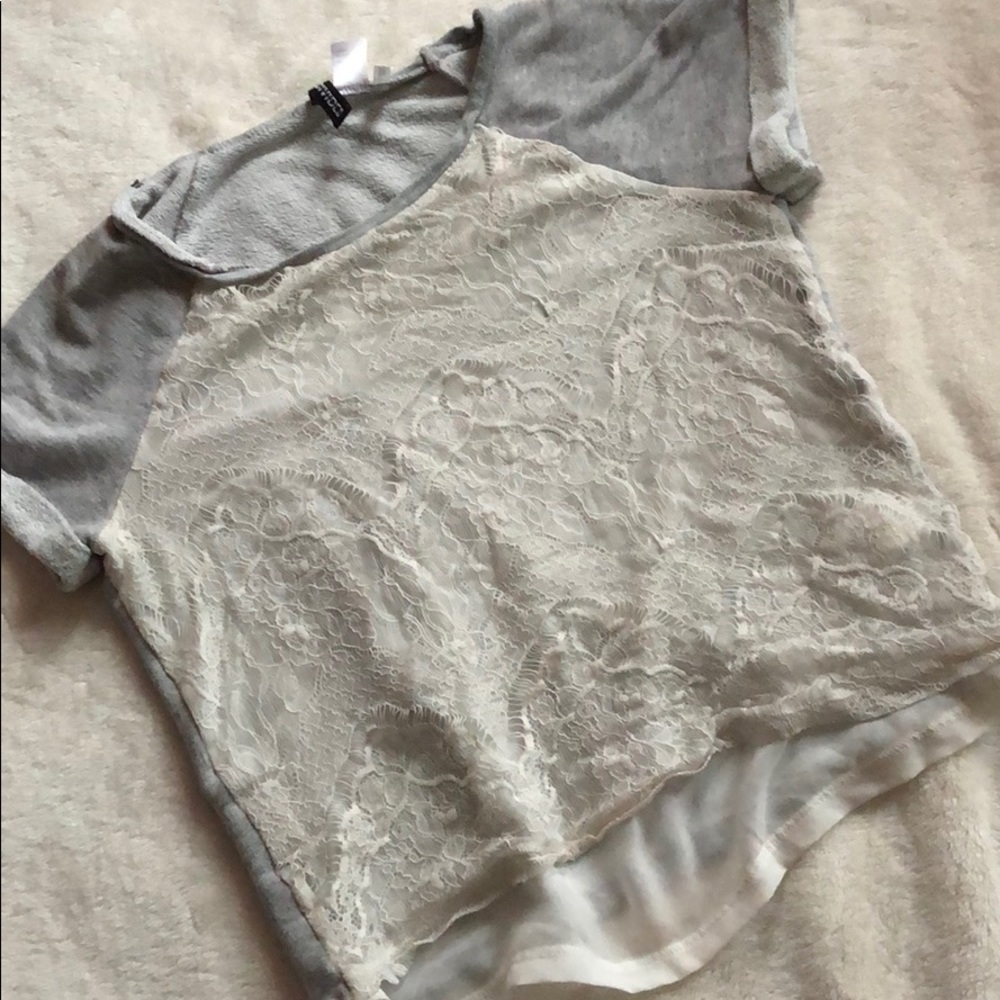 Grey and White Lace Short Sleeve T Shirt